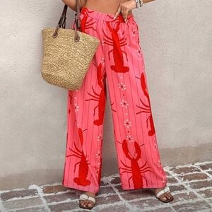 Plus Pink Lobster Print Wide-Leg Pants